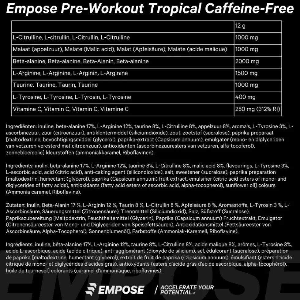 Empose Nutrition Pre-Workout Accelerate - Cafeïnevrij - 360 gr - Tropical