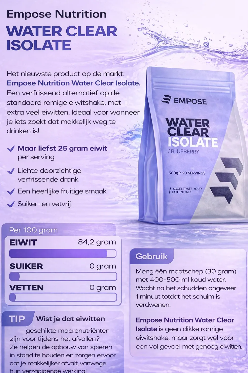 Empose Nutrition Water Clear Isolate - Proteine Ranja - Eiwit Poeder - 500 gr - Blauwe Bes