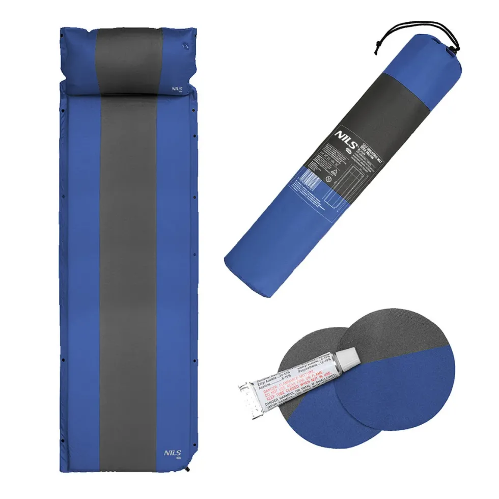 NILS Camp Zelfopblazende Slaapmat met Kussen - Blauw/Grijs