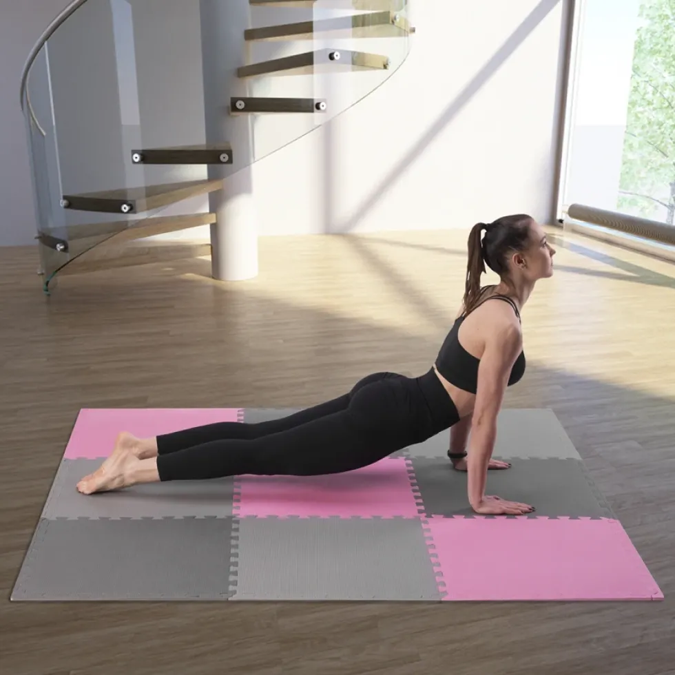 One Fitness Puzzelmat - Set van 9 - 10 mm - Roze/Grijs