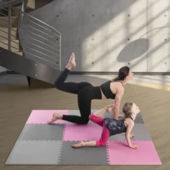 One Fitness Puzzelmat - Set van 9 - 10 mm - Roze/Grijs