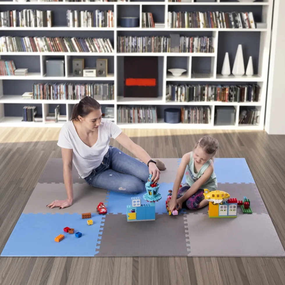 One Fitness Puzzelmat - Set van 9 - 10 mm - Blauw/Grijs