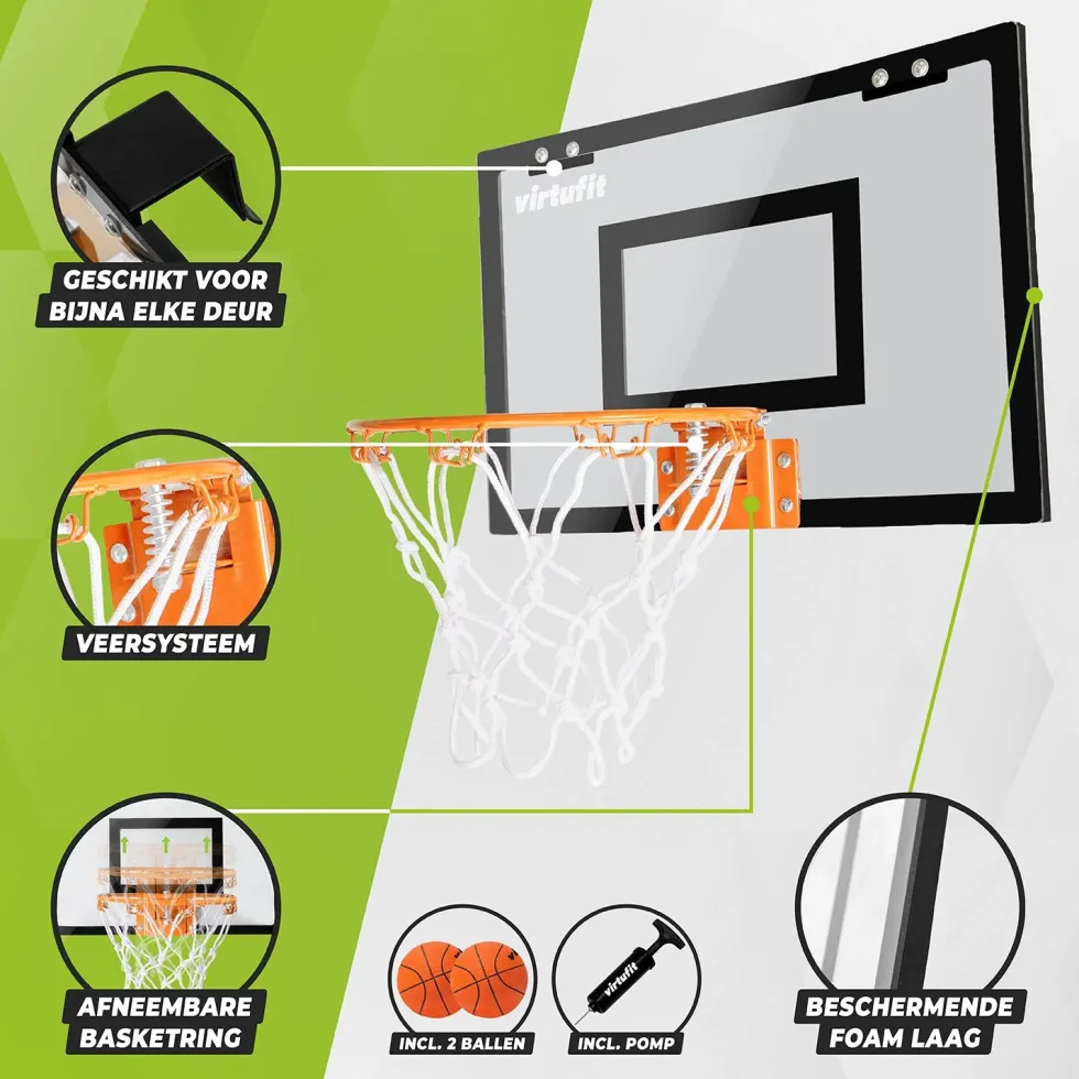 VirtuFit Pro Mini Basketbalbord met 2 Ballen en Pomp - Zwart - Tweedekans